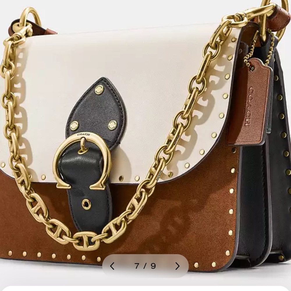 Coach Brown and Cream Shoulder Bag with Gold Chain